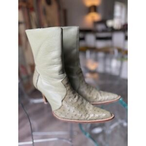 LOS ALTOS WESTERN Cowboy Womens Green Ostrich Leather Boots Stiletto Heels 7.5‎